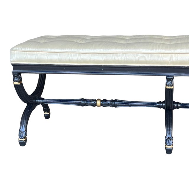 1970s Elegant Ebonized X-Base Bench With Tufted Oyster Upholstery & Gold Accents For Sale - Image 10 of 17