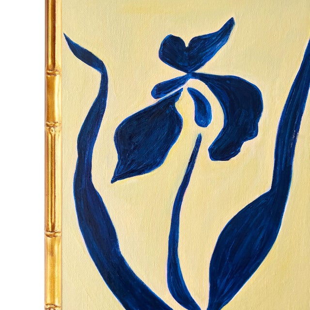 Boho Chic Original Iris Flower Painting in Gold Bamboo Frame, Oil on Canvas, 13" X 16" by Tatiana Duperault For Sale - Image 3 of 4
