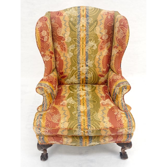 Large Fancy Floral Pattern Uphlstry Fine Carved Ball & Claw Feet Wing Chair MINT For Sale - Image 6 of 13