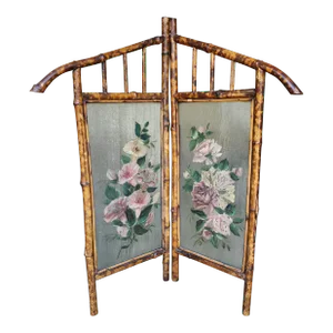 Antique Hand Painted Glass and Bamboo Folding Screen