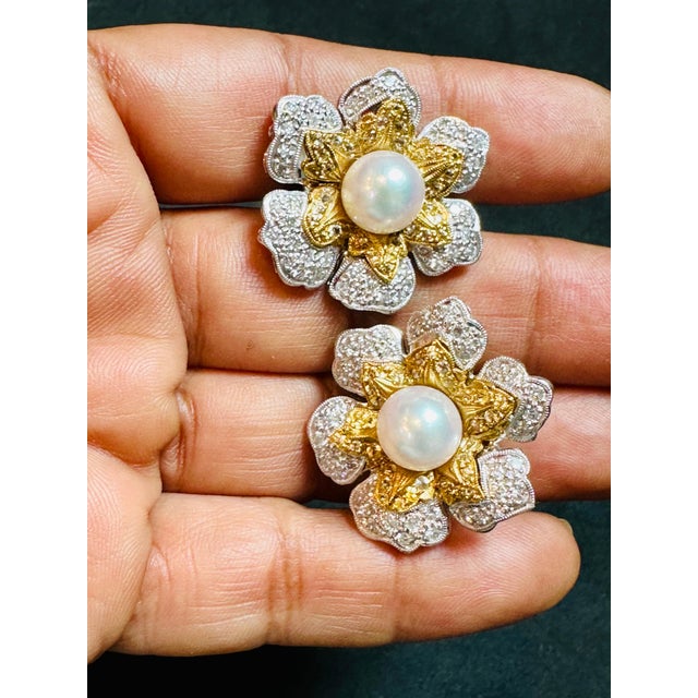 2020s Diamond South Sea Pearl Platinum Large Flower Clip on Earrings, Two Tone For Sale - Image 5 of 8