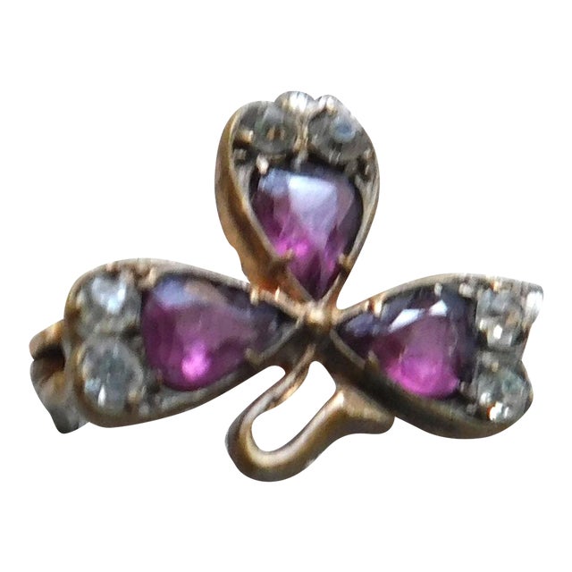 Gold-Filled Antique Amethyst and Crystal Small Clover-Shaped Lapel/Jacket Pin, C. 1910-1920. The charming antique piece...