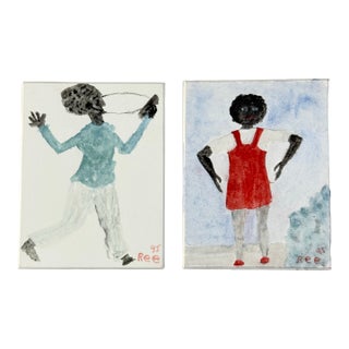 Ree Brown Outsider Artist Pair of Watercolor Paintings of Girls Playing For Sale