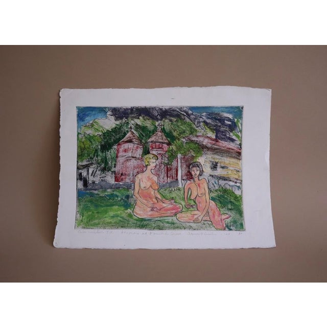 Vintage 1990 studio etching by artist James D. Curtis featuring two nude female figures sitting outdoors visiting and...