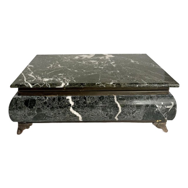 Mid-20th Century Green Marble Hinged Box With Brass Mounts & Black Felt Lining For Sale