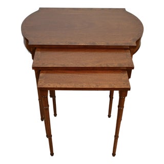 1960s Vintage Baker Furniture English Mahogany Burl Wood Nesting Tables Tiered Set For Sale