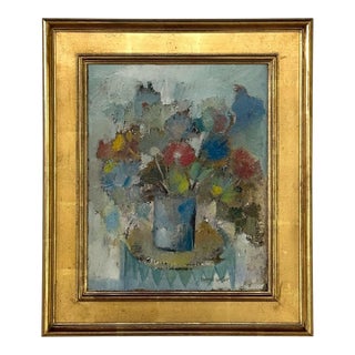Id Century Modernist Floral Still Life Oil Painting by Marcel Mortier in Original Gold Leaf Frame For Sale