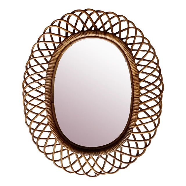 Tan Bamboo Mirror, 1950s For Sale