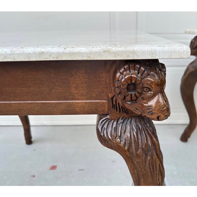 Vintage Ram’s Head Carved Walnut & Travertine Side Tables Attributed to Minton Spidell – Pair For Sale - Image 9 of 18