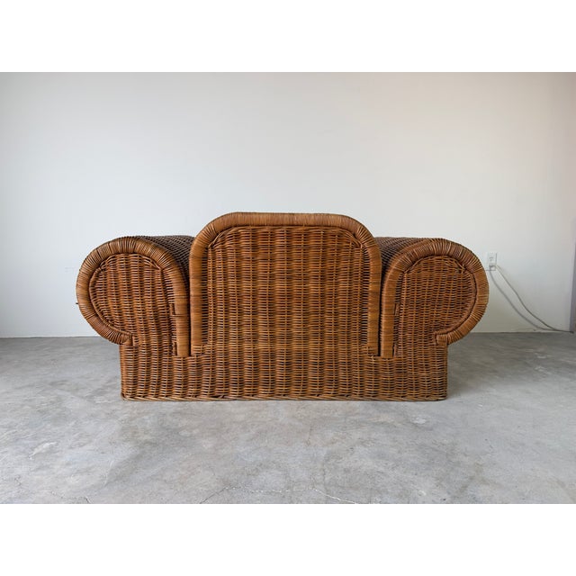 1970s Vintage Coastal Organic - Rattan Armchair With Rolled Arms & Striped Cushions For Sale - Image 14 of 15