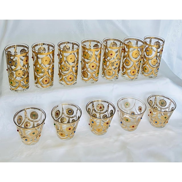 Vintage Rare Mid-Century Culver Ltd. “Jeweled Ornaments” 22k Gold Glassware Set – 12 Pieces (7 Highball, 5 Whiskey) For Sale - Image 9 of 12