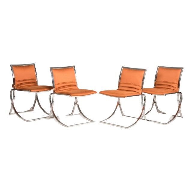Orange Upholstery Chromed Steel Chairs, 1970s, Set of 4 For Sale