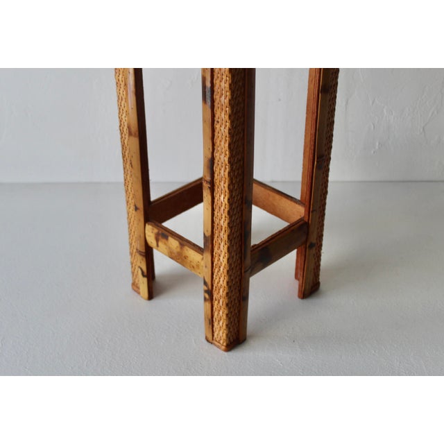 Vintage Scorched "Tortoise Shell" Style Bamboo Wicker Plant Stand Mid-Century For Sale - Image 4 of 13