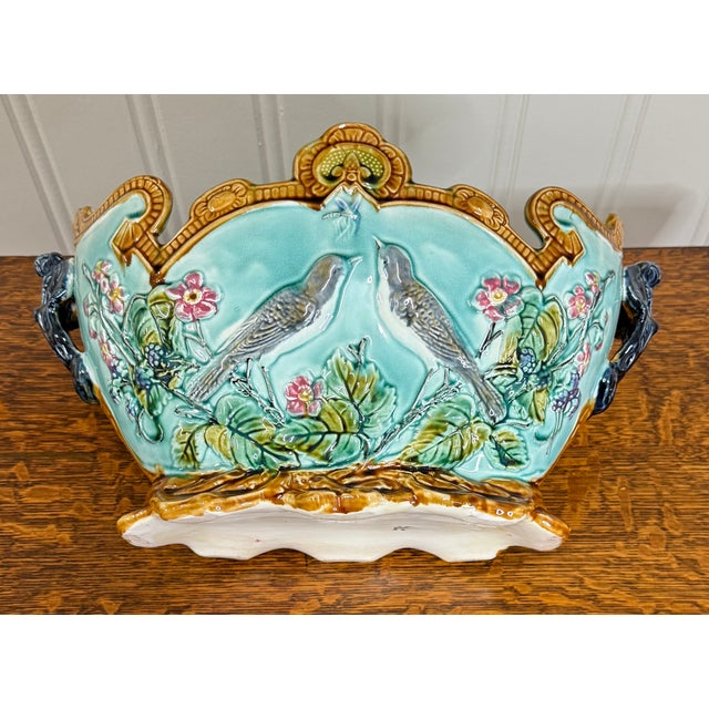 Antique French Onnaing Majolica Cache Pot Planter Bowl Jardiniere Love Birds For Sale - Image 14 of 18