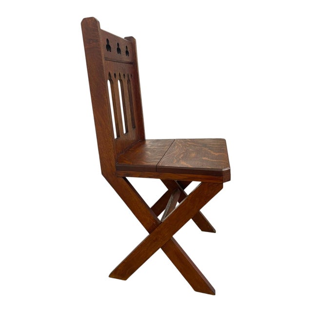 Wood Antique Gothic Revival Oak X-Frame Accent Chair. For Sale - Image 7 of 10