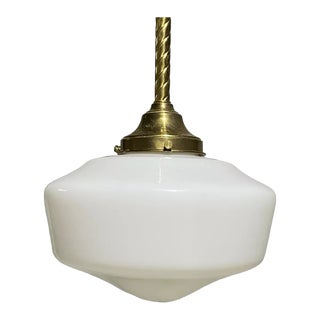 Mid 20th Century School Light Brass Pendant Swirled Pipe and Schoolhouse Shade For Sale
