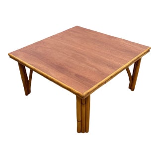 1950s Restored MCM Rattan Coffee Table With Mahogany Top and Rattan Border For Sale