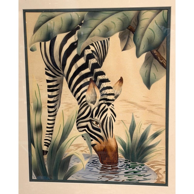 Early 20th Century Pair of Art Deco Zebra Watercolor Gouaches by Shirrell Graves in Verde Frames For Sale - Image 5 of 16