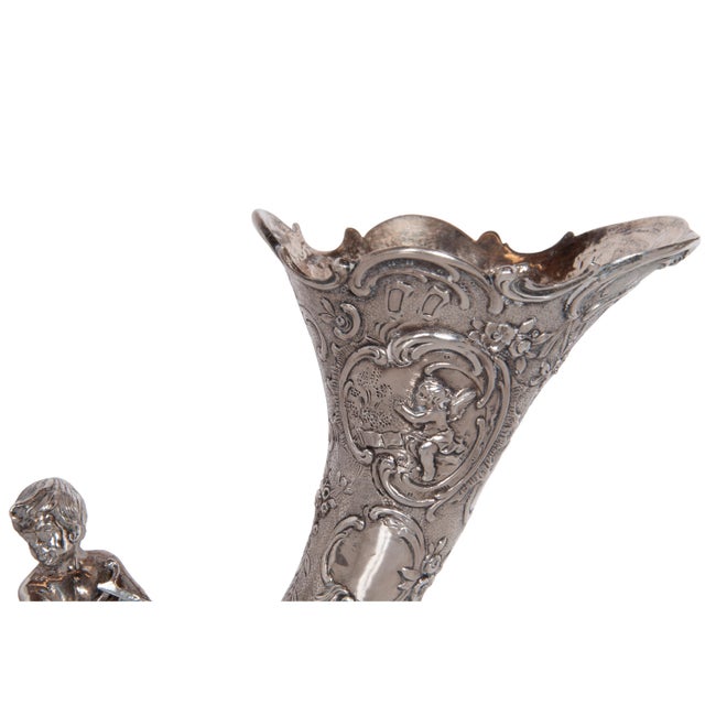Pair of Antique German Repoussé 800 Silver Cornucopia Cherub Vases Hanau 1890 For Sale - Image 12 of 12