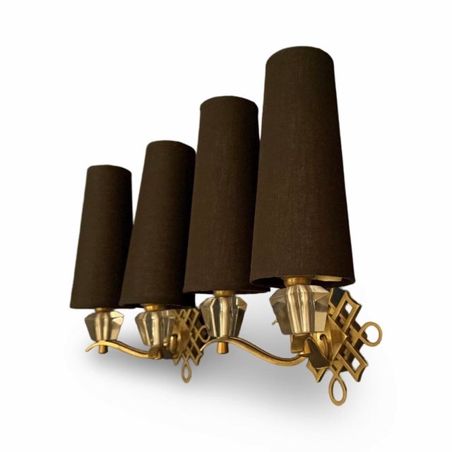 Jules Leleu polished brass and crystal pair of sconces, Attributed to Jules Leleu. This listing is for one pair....