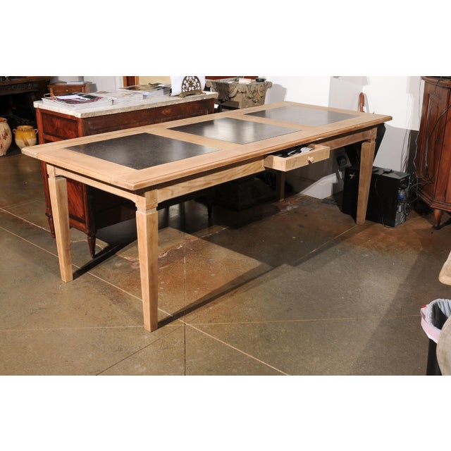 Wood Mid 20th Century Southern French Mid Century Natural Oak Dining Table with Fossil Black Marble Top For Sale - Image 7 of 12