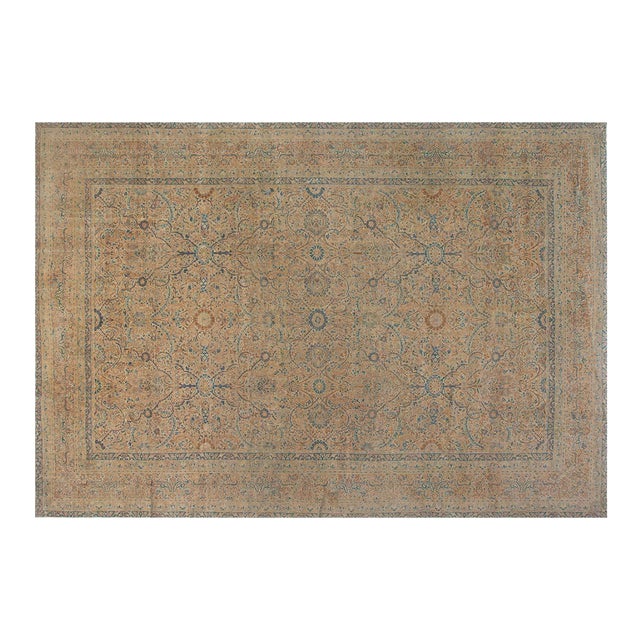Antique Persian Kirman Orange, Beige and Blue Hand Knotted Wool Rug For Sale