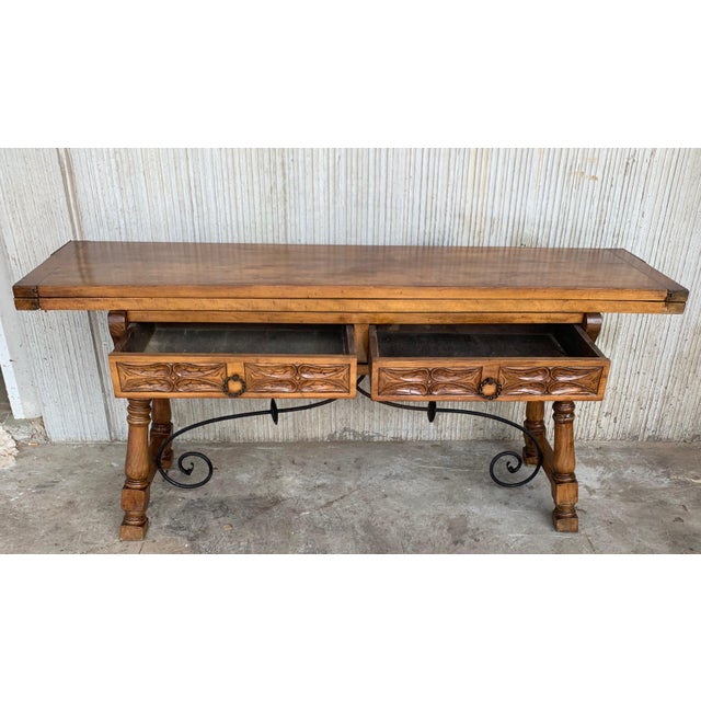 Early 20th Spanish Console Fold Out Table With Iron Stretcher and Two Drawers For Sale - Image 4 of 13