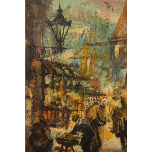 Textile Mid 20th C. European Market Scene Original Painting, Signed For Sale - Image 7 of 13