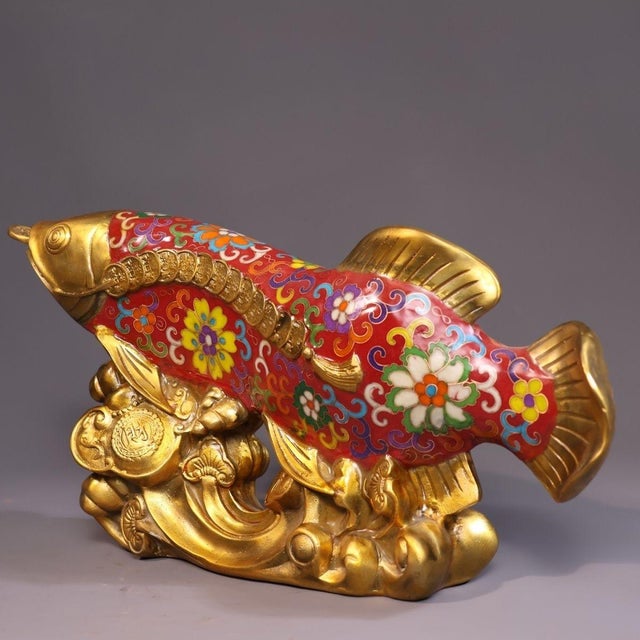 This is a substantial antique cloisonné enamel sculpture of a fish, a traditional Asian symbol representing abundance and...