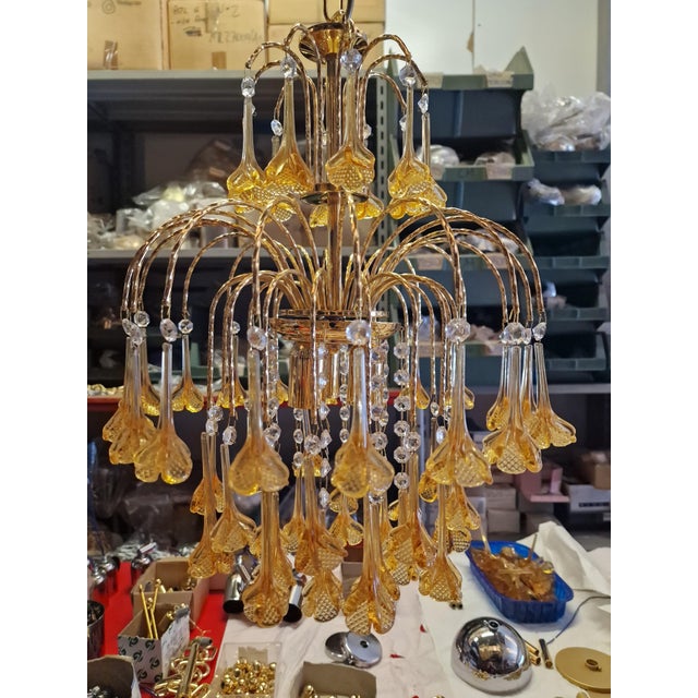 Vintage Gold Rain Chandelier with Crystals and Murano Glass Flowers, Italy, 1966 For Sale - Image 9 of 15