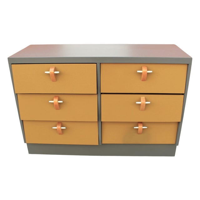 Restored Vintage Modern Chest of Drawers in Grey & Mustard With Aluminum Pulls For Sale - Image 4 of 12