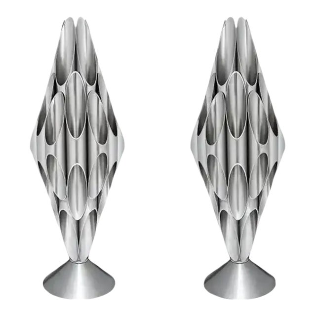 Pair of 21st Century Design Line Hollywood Regency Space Age Accent Table Sculpture Lamps in Chrome For Sale