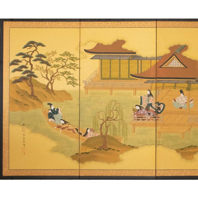 Elegant and beautifully aged painted 4-panel silk Japanese Byobu (folding screen), depicts scenes of life from "The Tale...