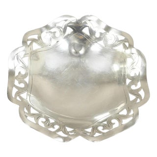 Vintage Victorian Scalloped Pierced Gallery Silver Plated Candy Trinket Dish For Sale