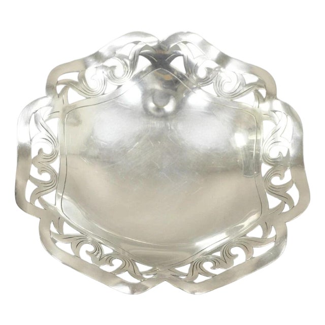 Vintage Victorian Scalloped Pierced Gallery Silver Plated Candy Trinket Dish For Sale