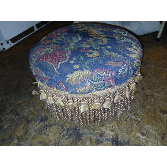 Hollywood Regency Vintage Blue Floral Paisley Ottoman Foot Stool With Tapestry Upholstery and Gold Tassel Fringe. For Sale - Image 3 of 8
