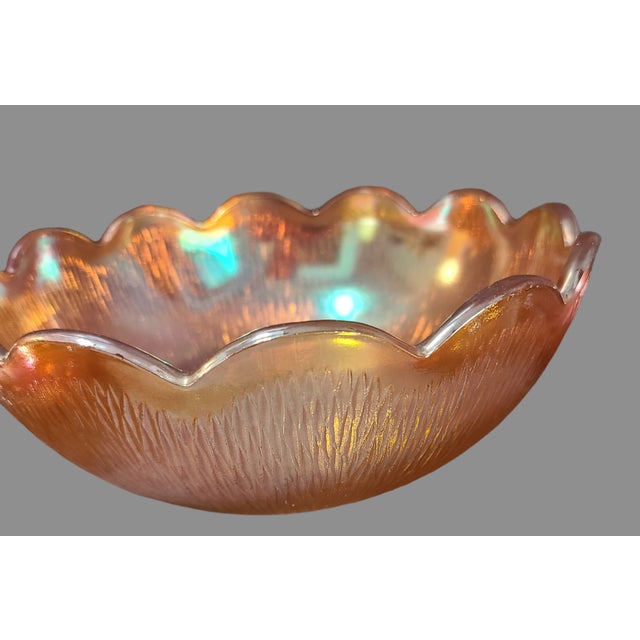 Enhance your dining experience with this set of 6 vintage marigold carnival glass scalloped edge berry dessert bowls. The...