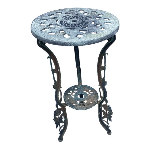 Vintage Art Nouveau Cast Iron Plant Stand With Verdigris Patina For Sale
