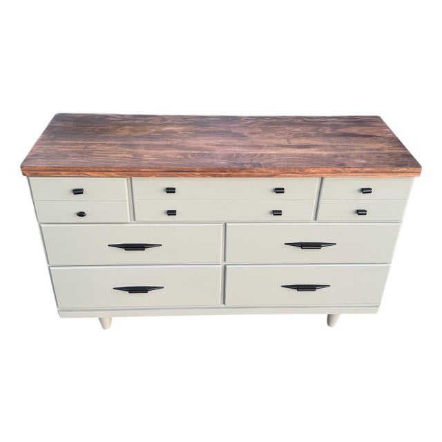Mid-Century Modern Walnut & Sage Green Lowboy Dresser Professionally Refinished For Sale