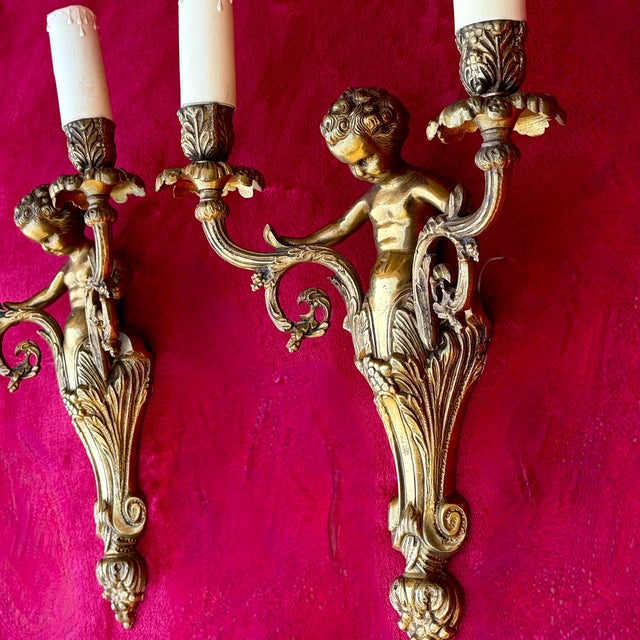 1930s French Louis XV Style Gilt Bronze Cherub Wall Sconces, 1930, Set of 2 For Sale - Image 5 of 18