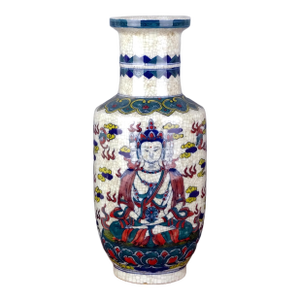 Chinese Vintage Ceramic Vase,Qing Dynasty Kangxi Marked Blue and White Famille Verter Porcelain Mallet-Shaped Vase Hand Painted Buddha Pattern