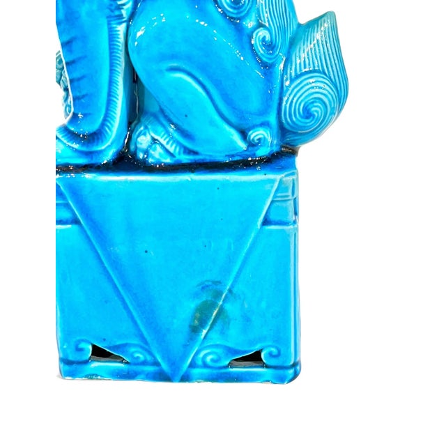 Ceramic Mid 20th Century Pair of Vintage Larger Size Turquoise Blue Chinese Foo Dogs For Sale - Image 7 of 12
