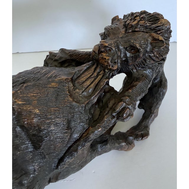Late 20th Century Large Hand Carved African Ironwood Sculpture Lions Attacking Cape Buffalo For Sale - Image 5 of 10