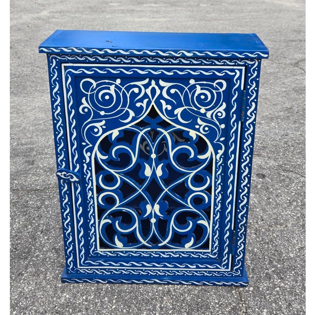 Wood Hand Painted Mediterranean Medicine Cabinet / Wall Shelf / Navy Blue and White Zouak For Sale - Image 7 of 7