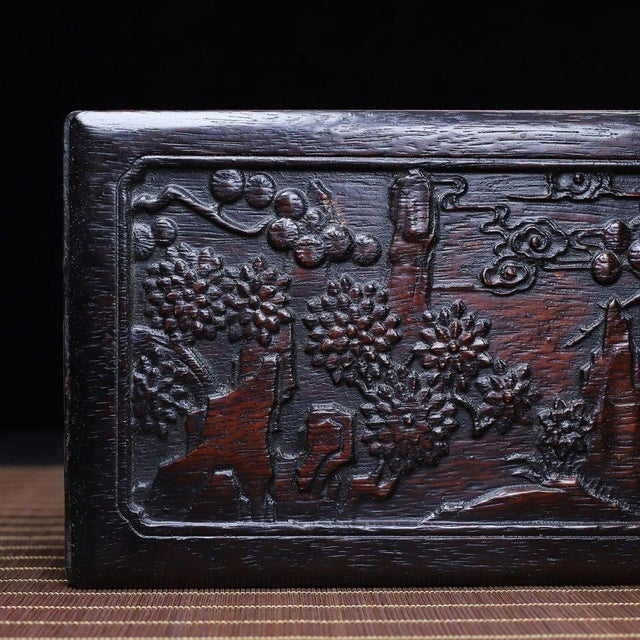 Ebony Carved Hardwood Box With Landscape Scenes and Sliding Lid For Sale - Image 8 of 10