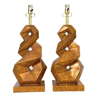 Pair of Christopher Guy Style Tortoiseshell Lacquer Spiral Polyhedron Lamps For Sale