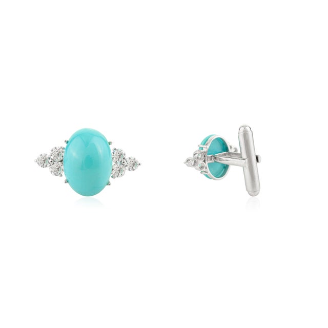 Modern Natural 9.05 CTW Turquoise & Diamond Cluster Cufflinks in 925 Solid Silver- A Pair for Affordable Gifting For Sale - Image 3 of 12