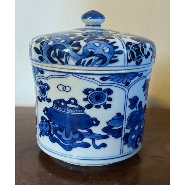 Ceramic Antique Kangxi Period Blue & White Porcelain Covered Jar Decorated With Precious Objects For Sale - Image 7 of 9