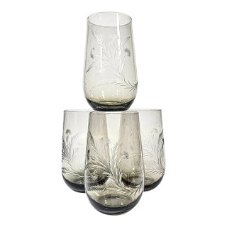 Mid 20th Century Handcarved Dandelion Crystal Stemless Goblets- Set of Four For Sale
