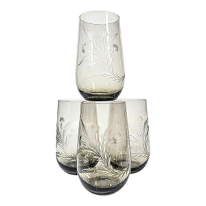 Mid 20th Century Handcarved Dandelion Crystal Stemless Goblets- Set of Four